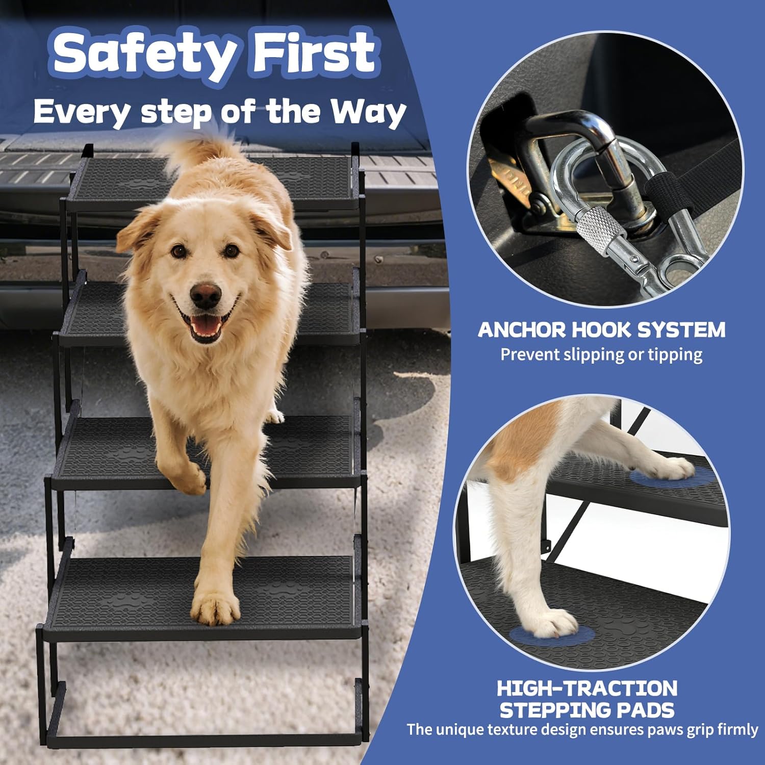 Dog Steps for Car, Truck, SUV, Dog Stairs for Car with Upgraded Non-Slip Surface, Foldable Dog Ramp for Car, Pet Stairs for Large Dogs, 4 Steps