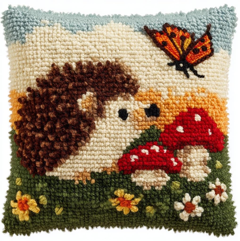 AxiangziK DIY Latch Hook Pillow Kit,Hedgehogs and flowerbeds 17x17inch Printed Pillowcase Crochet Yarns Hooking Handmade Cushion for Home Sofa Decoration