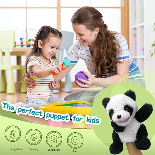 Miniatura 5 de Okegztoa Marionetas de mano de panda de peluche, marionetas de mano de 9 pulgadas para niños, marionetas de animales realistas de animales de