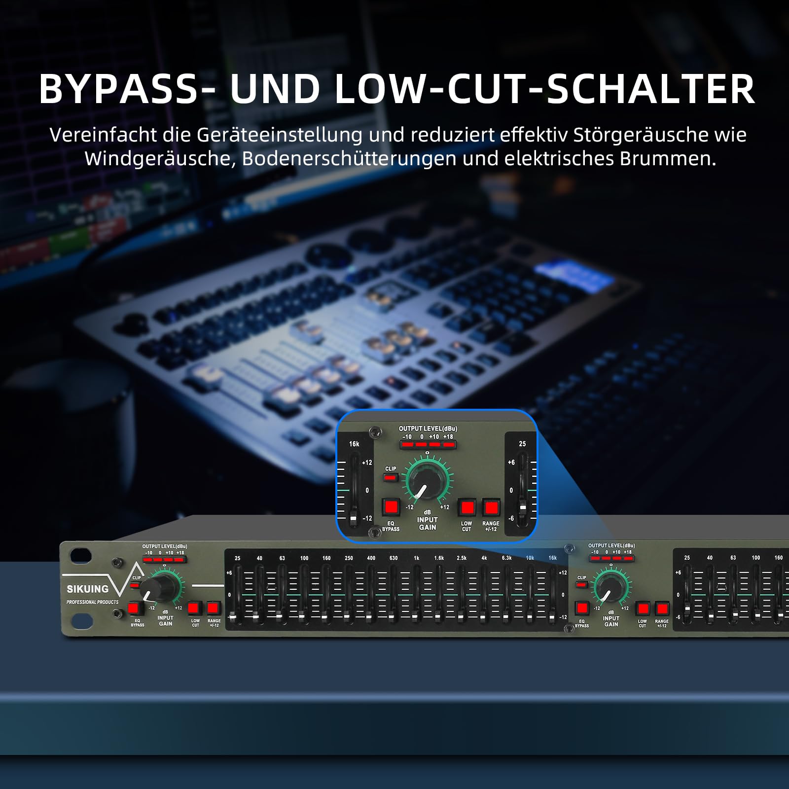 15-Band-EQ Stereo Grafik-Equalizer,2-Kanal Profi-DJ-Equalizer mit Rauschunterdrückung für Heimkino,Party,Bühne & Studio (Rackmount-fähig) EQ-693
