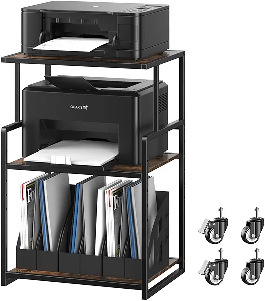 Caifus Printer Stand, 3 Tier Mobile Printer Table for Home Office, 21.3 x 15.7 Inch Rolling Height Adjustable Storage Shelf, Printer Cart with Wheels for Study Room, Living Room, Rustic Brown