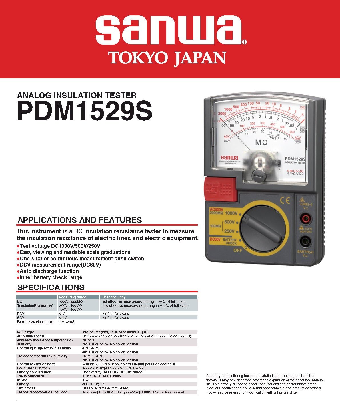 Sanwa Megohmmeter Meters Insulation Earth Resistance Meters Tester PDM509S PDM1529S/PDM5219S Multi Range Insulation Resistance Tester Analog Pointer megohmmeter(PDM1529S)