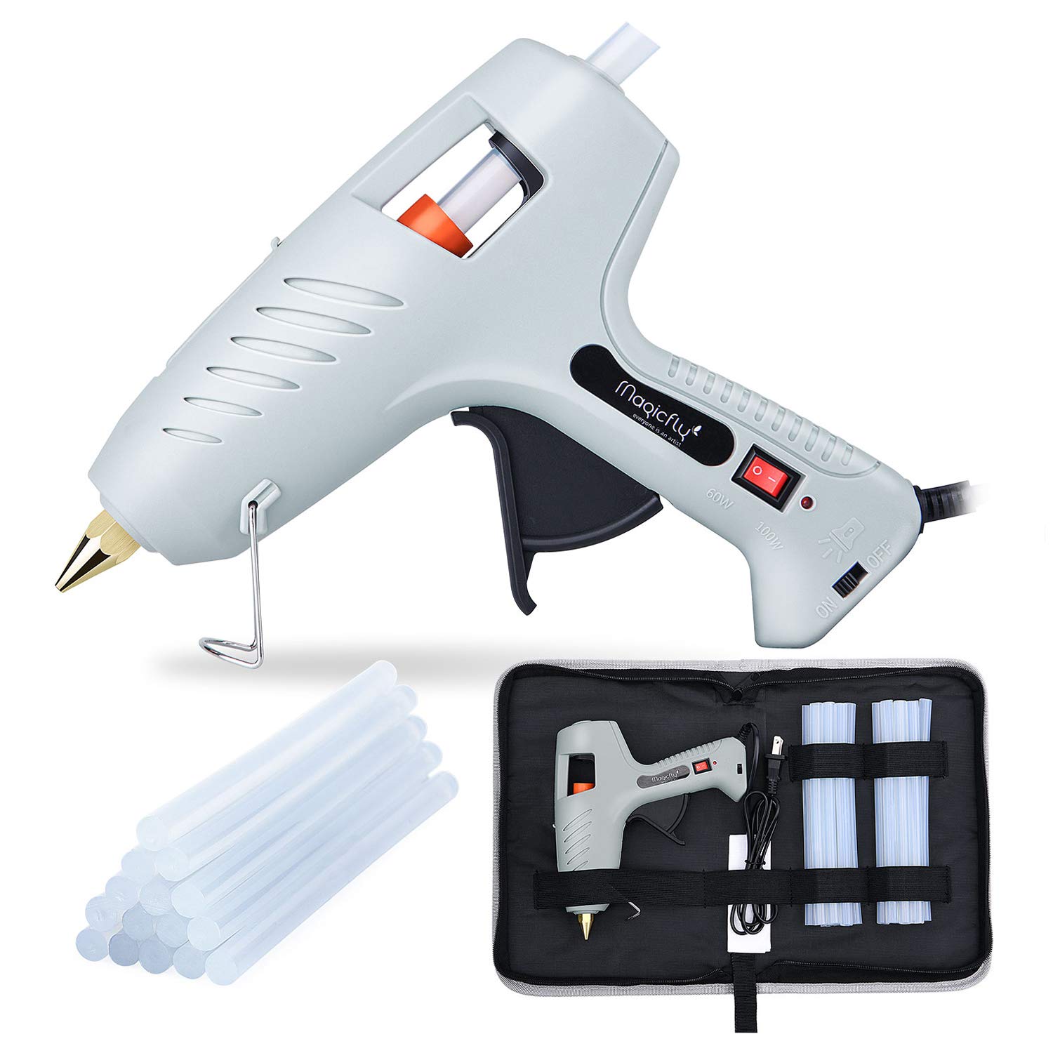 Magicfly 60/100W Hot Glue Gun for Full Size with LED Light and 15 Pcs Full Size Hot Glue Sticks (0.43 X 7.8 inch), Dual Power High Temp Melt Glue Gun Kit for DIY Arts Craft Projects, Household