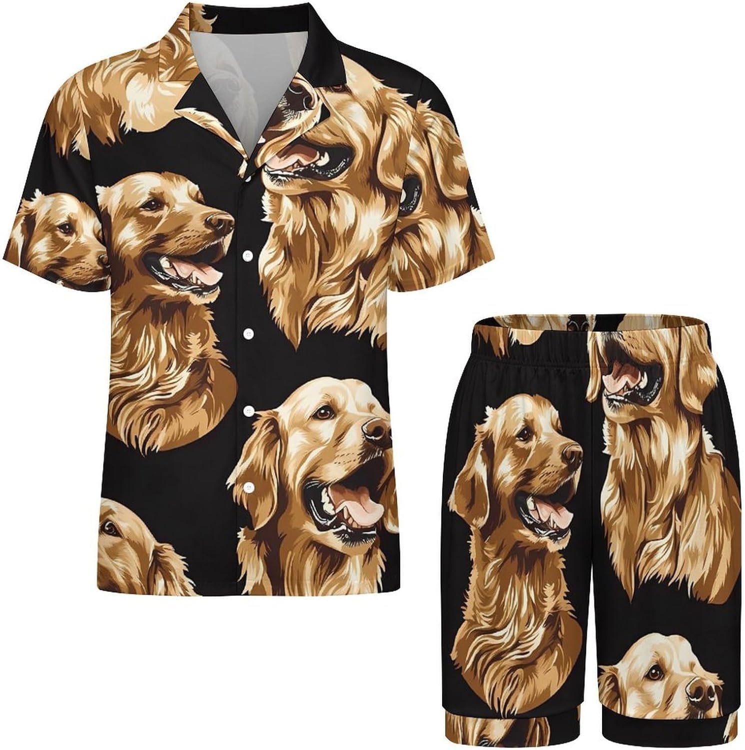 Cute Retriever Dogs Men's Short Sleeve Pajama Set Satin Silk Like Lounge Sleepwear