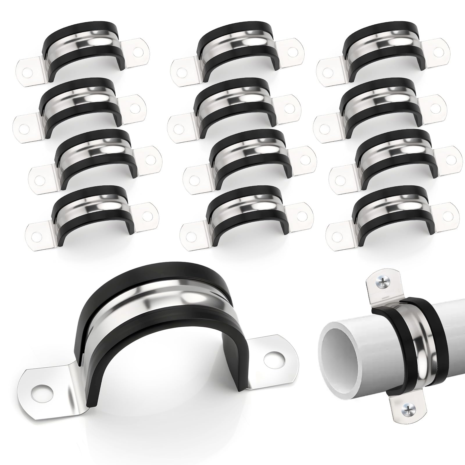 qjuwhua 15 PCS Pipe Clamp Ø 30mm 304 Stainless Steel Saddle Clips with Rubber Two Hole Tube Pipe Strap Clamps U Shape Brackets for Fixing Installing Pipe Wire Cord Cables