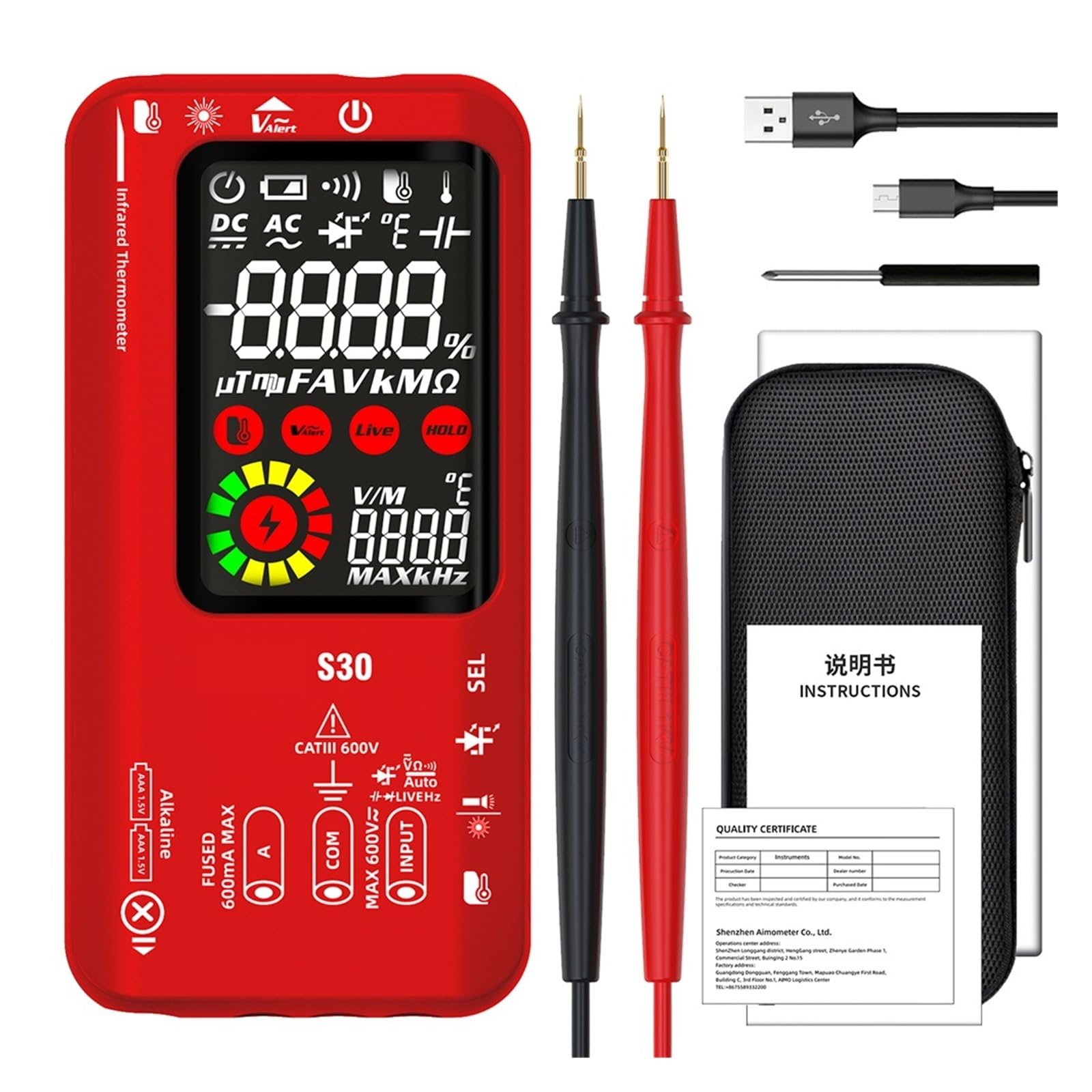 S30 USB Charge Kolorowy Ekran LCD Multimetr Cyfrowy Termometr Na Podczerwień True 15V Dioda AC DC Napięcie Prądu Tester Bezpieczny, Praktyczny, DokłAdny(Red S30)