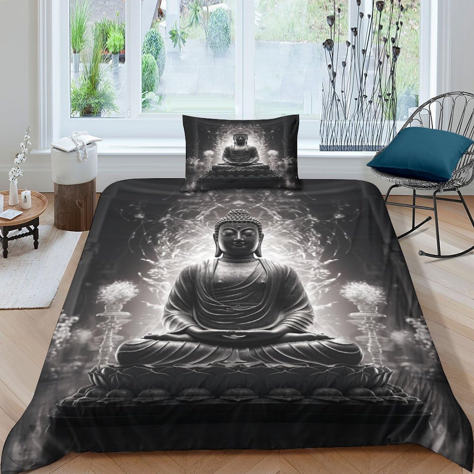 Funda nórdica de Buda con impresión 3D en blanco y negro de microfibra 135x200cm