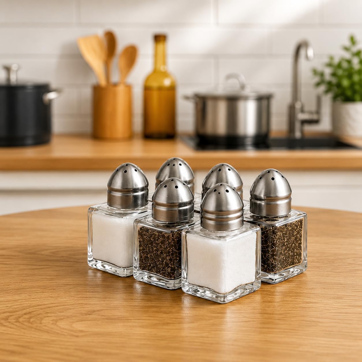 ADAPTOLL Mini Cam Tuzluk Biberlik Seti Kare Baharatlık Paslanmaz Çelik Kapaklı Şeffaf Cam Sofra Tuzluk Baharat Kabı Modern Dekoratif Tuzluk Biberlik Takımı (4)