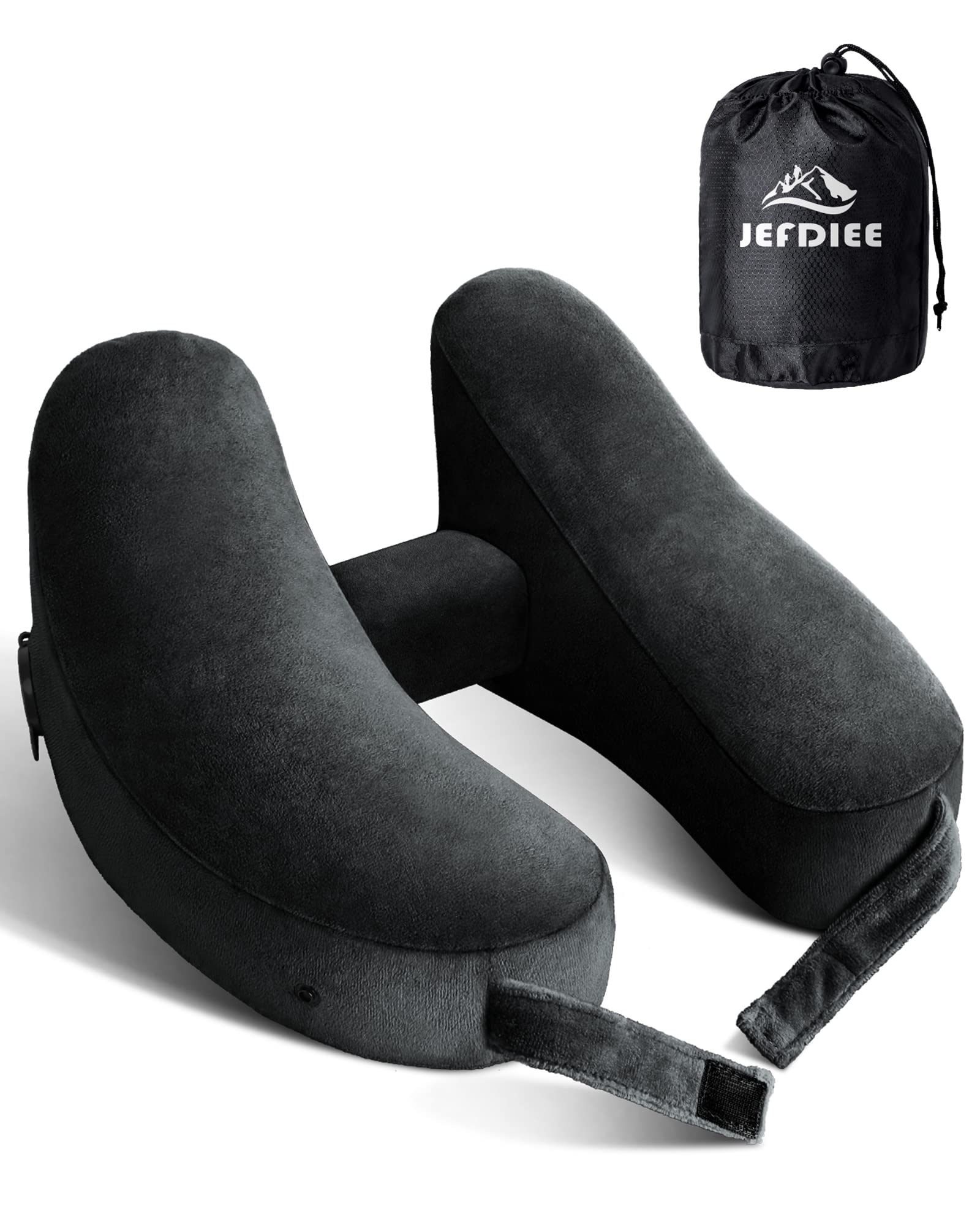 JefDiee Travel Pillow for Neck, Neck Pillows for Travel, Chin, Head Support, Airplane Pillow with Soft Washable Velour Cover, Hat, Portable Luxury Bag (Black-1)