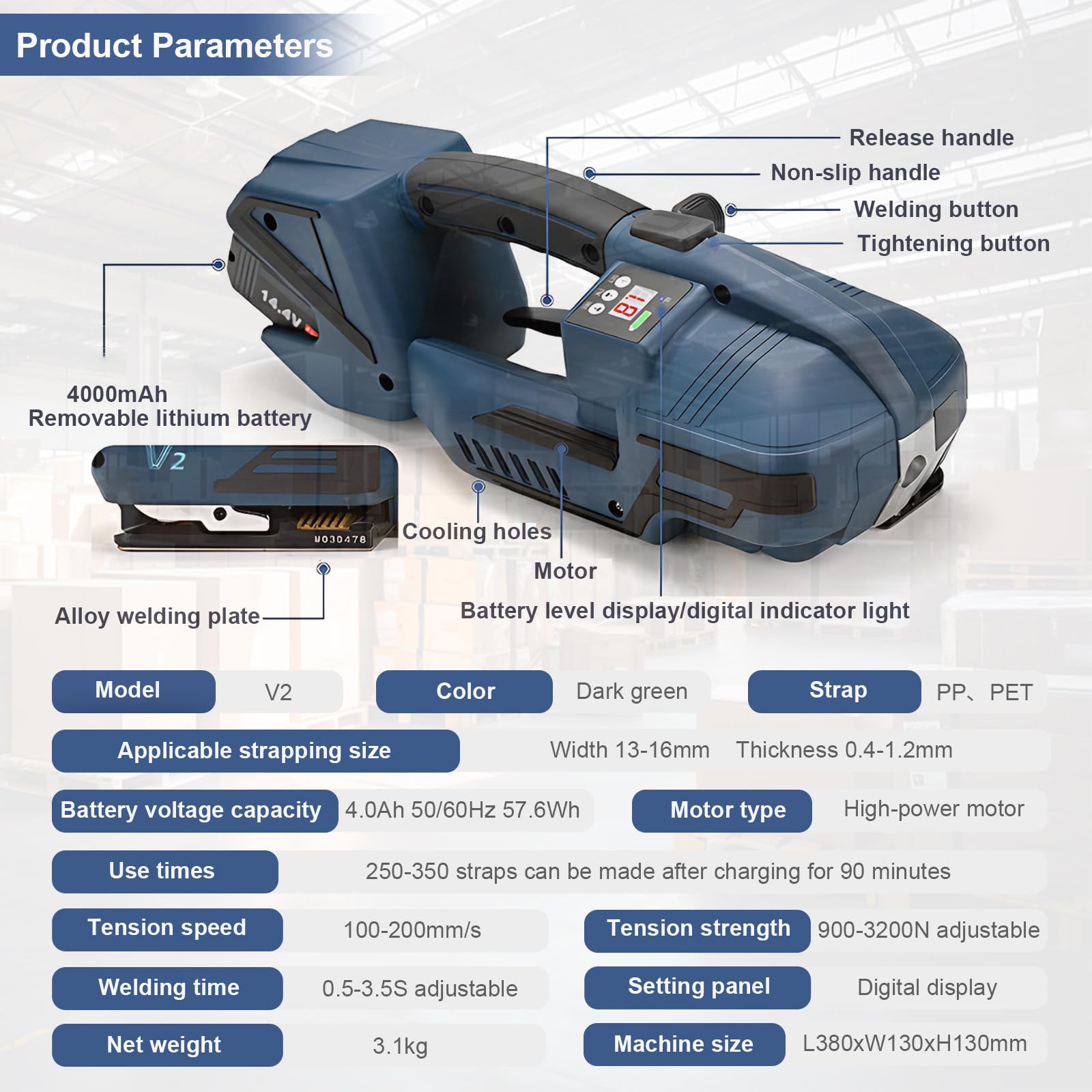 Reggiatrice Elettrica con Schermo LCD, 2 Batterie da 4000 mAh, Reggiatrice Elettrica Portatile per Reggia in Pp E Pet, Reggiatrice Automatica per Pallet di Scatole di Imballaggio