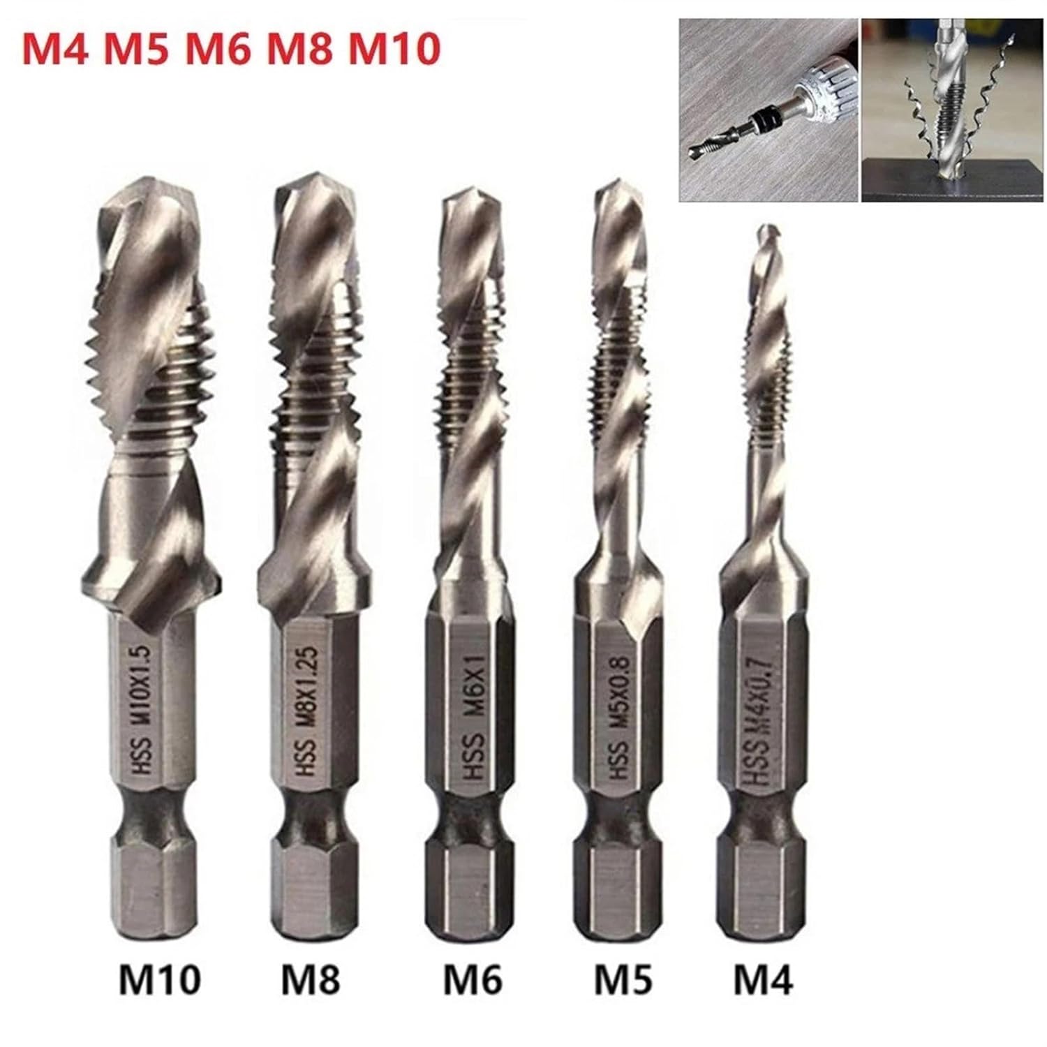 5Pcs Tap Drill Bit Set Hex Shank Thread Metric Tap HSS Screw Thread Bit Screw Machine Compound Tap for Metal Steel Wood Plastic