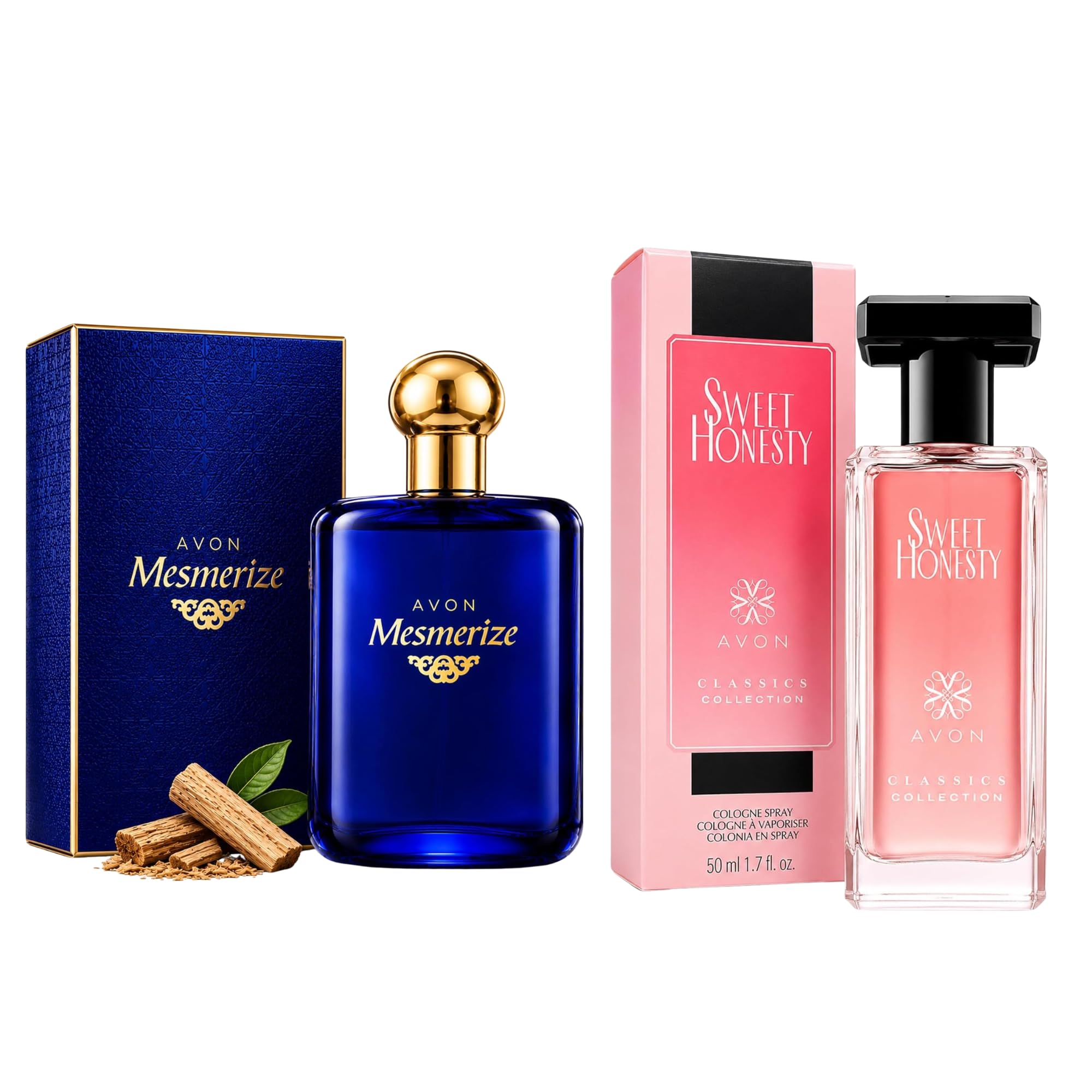 AVON Mesmerize Cologne for Men & Sweet Honesty Cologne for Women Bundle – Woody and Floral Fragrance Set, Sandalwood Amber Men's Cologne & Rose Lily Women's Per