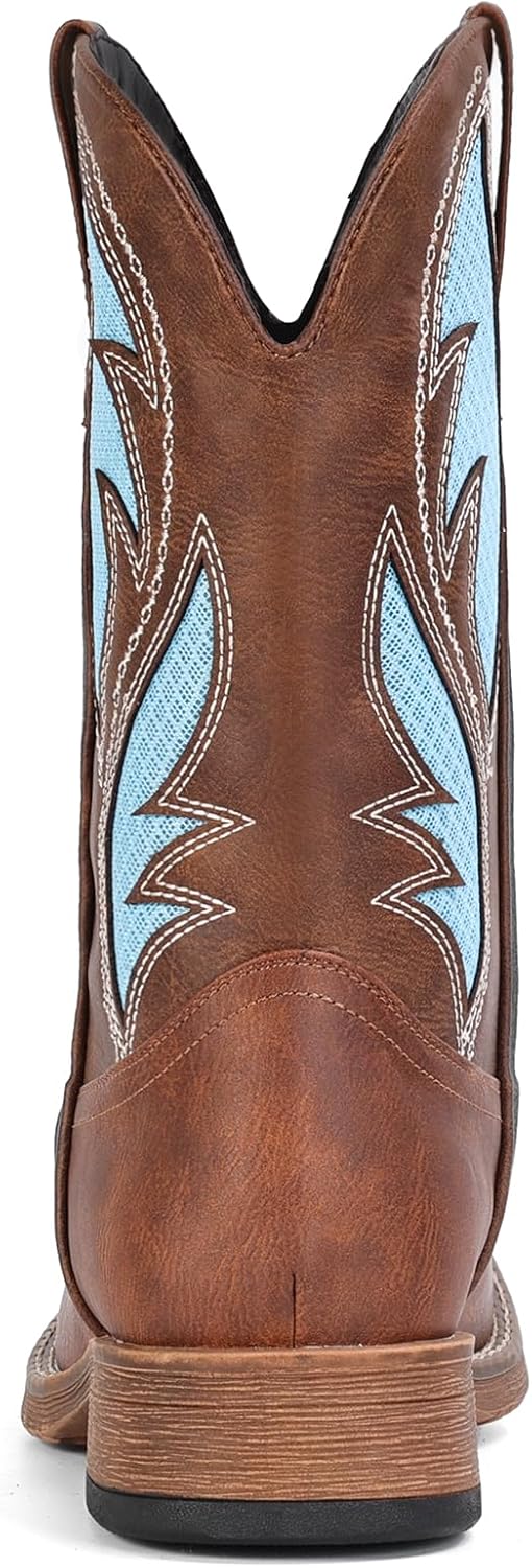 IUV Cowboy Boots for Men Square Toe Retro Western Boots with Breathable Embroidery Pull On Durable Country Boot