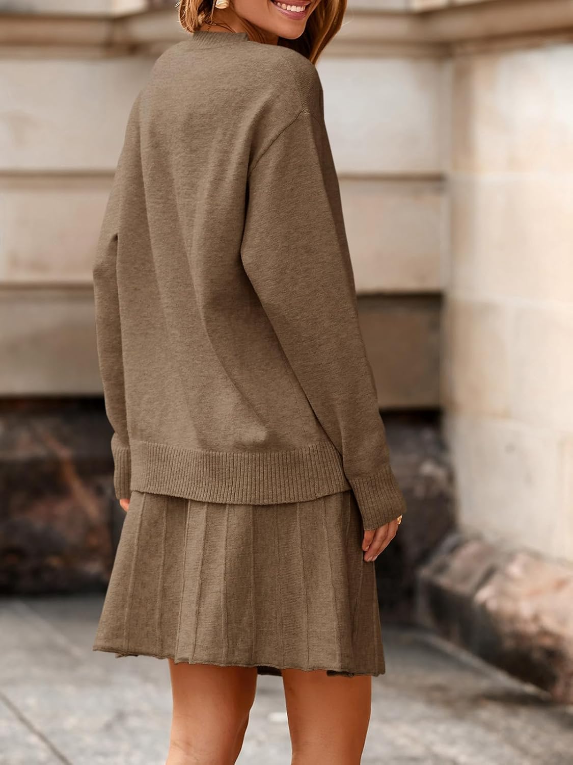 Tankaneo Womens Skirt 2 Piece Sweater Set Long Sleeve Crewneck Sweaters Pleated Mini Skirt Knit Lounge Sets - Image 4