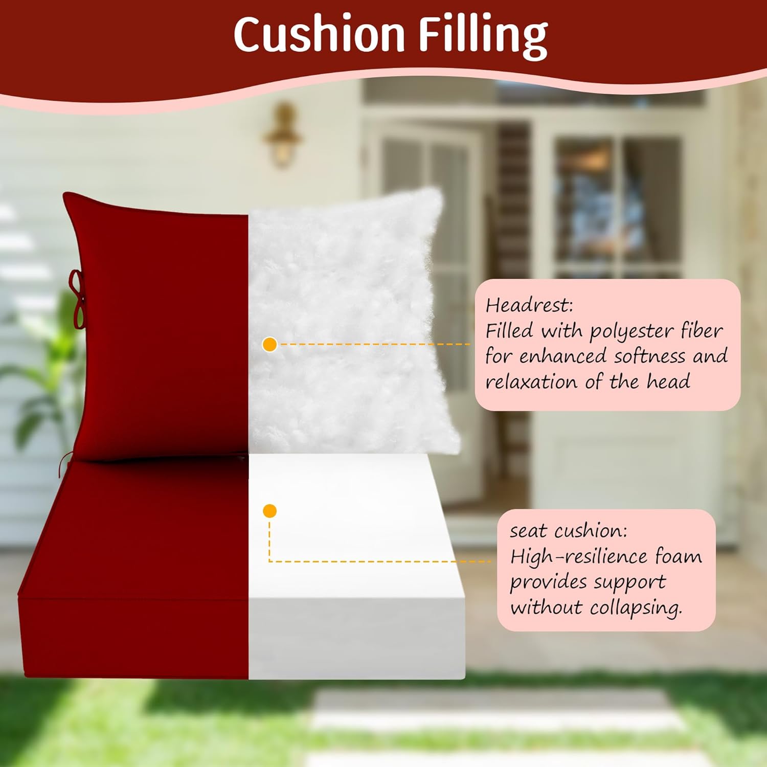 2 Set Outdoor Deep Seat Cushion Patio Furniture Cushions 19x19x4 inch, Outdoor Chair Cushions with Ties & Portable Handle, Foam Cushions for Lawn Chair, Fit for 18''-20'', Brick Red