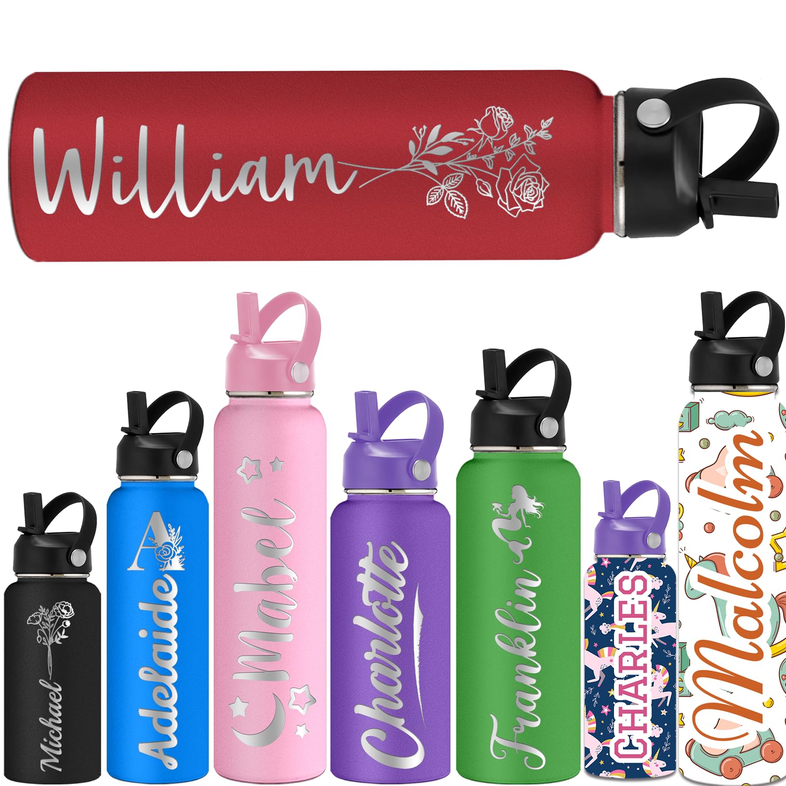 ShAxzHen Personalised Water Bottles for Kids with Straw Lid 40/32/24/18/12oz Custom Insulated Water Bottle Stainless Steel with Name Logo Customised Engraved Cups for School Sport Gym Flower Red