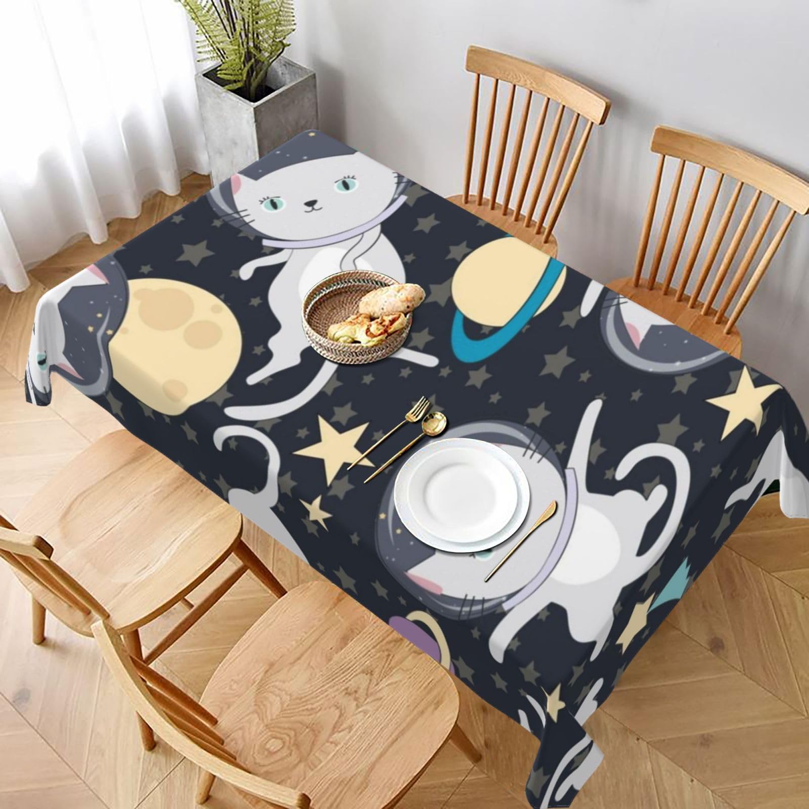 BNVSADC Fun cat Astronaut Printed Rectangle Tablecloth 228x152 CM, Water Resistant Polyester Table Cloth Decorative Fabric Table Covers for Kitchen Dining Table Parties Camping