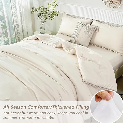 Miniatura 5 de PERFEMET Juego de edredón beige de 5 piezas, tamaño Queen, bohemio, con flecos y pompones, con sábanas, edredón ligero y suave, color crema en una