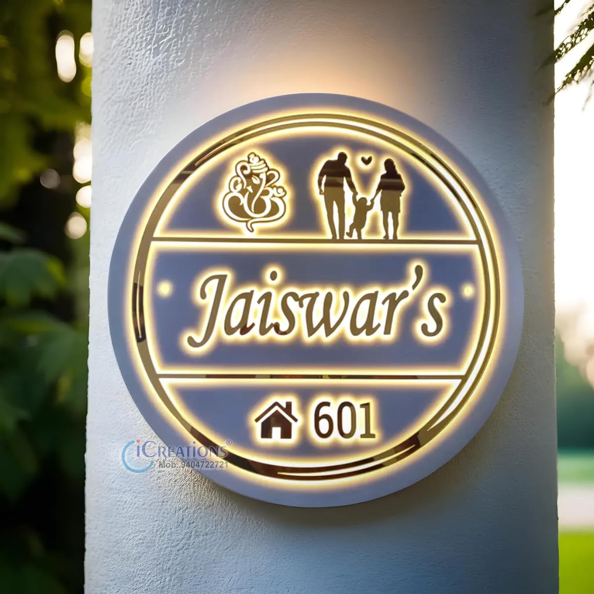 iCreations® Personalized Round Shaped Acrylic Name Plate with LED Lights For Home Entrance (12 inch diameter)-picture-13