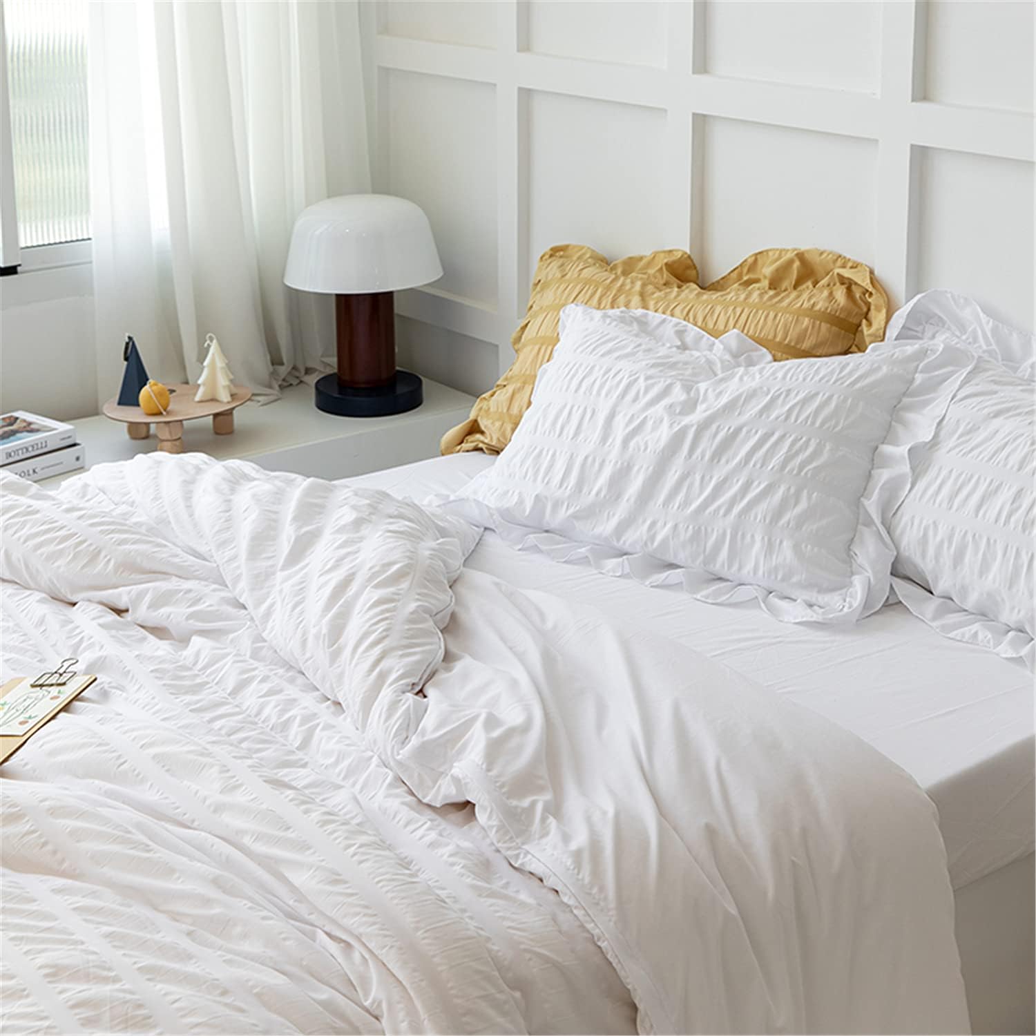 White Ruffled Bedding-3 Pieces Queen Seersucker Duvet Cover Textured Stripe Style, Soft Lightweight, Washed Microfiber, Zipper Closure and Ties