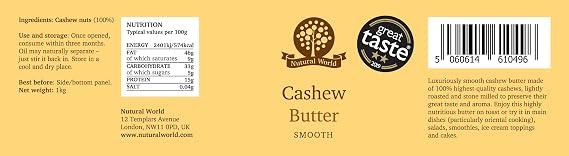 Nutural World - Smooth Cashew Nut Butter (1kg) - Great Taste Award Winner - 100% pure single ingredient
