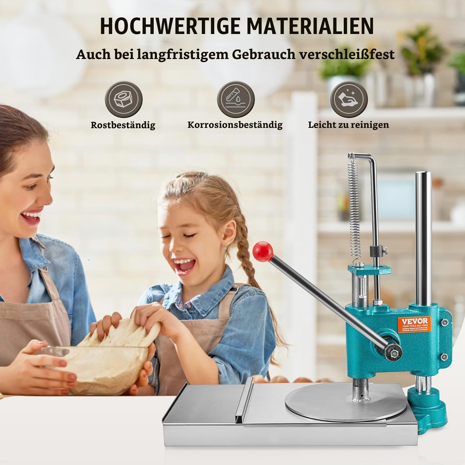 VEVOR Manuelle Pizzateig-Gebäckpresse 24 cm, 5 mm Dicke Herstellungsmaschine zum Pressen von Pizza-Handküchen, Küche Pizzateigpresse, Kommerzielle Edelstahl Teigausrollmaschine Silber