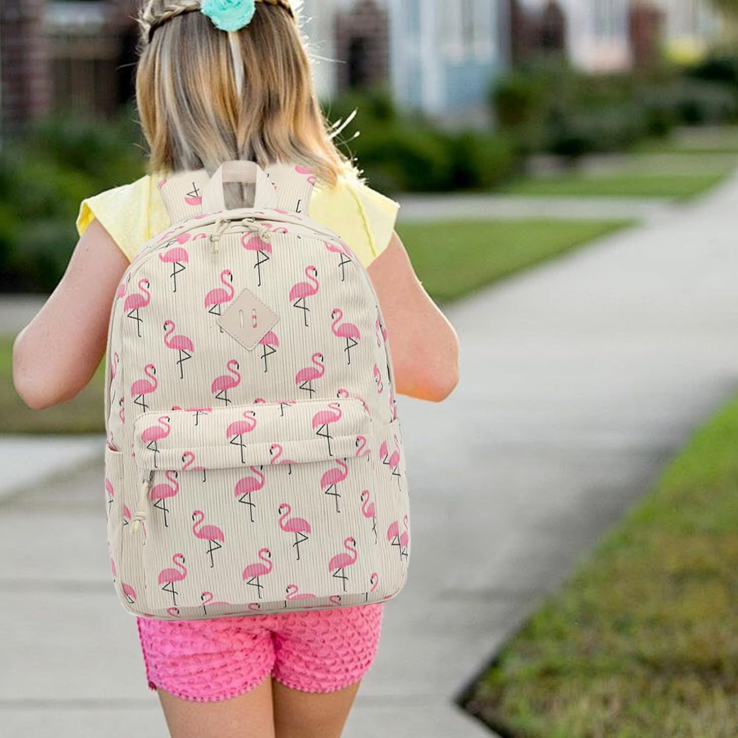 Corduroy Girls Backpack for School Women College Bookbags Travel Casual Backpacks (Flamingo)