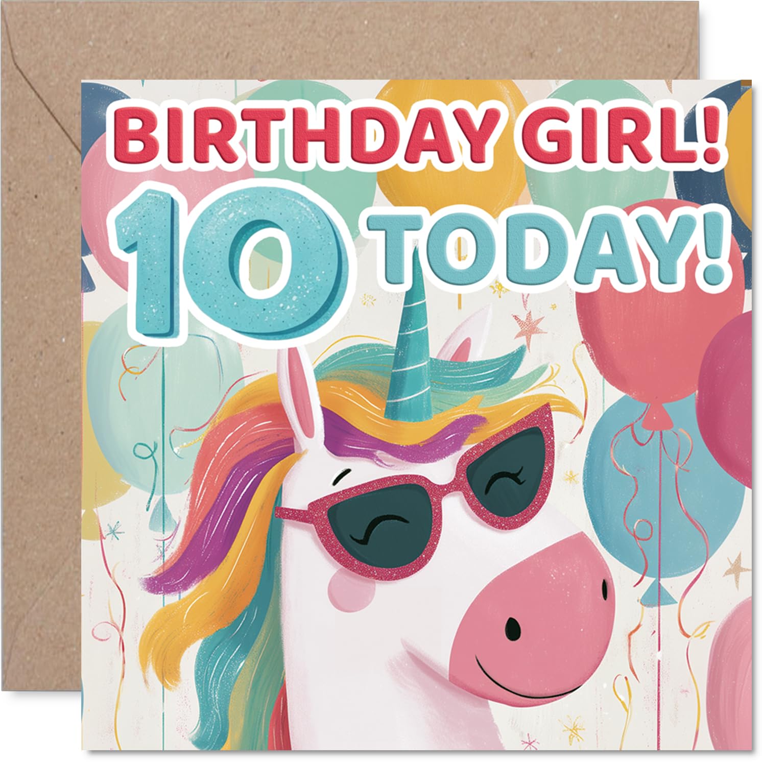 Playful 10th Birthday Card - Unicorn Vibes and Birthday Balloons - Sunglasses-wearing Unicorn with Colourful Party Scene - 145mm Square, Envelope Included