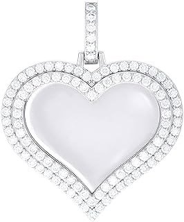 14K White Gold Look 925 Sterling Silver Moissanite Heart Memory Picture Frame Charm Pendant Women's Fine Jewelry