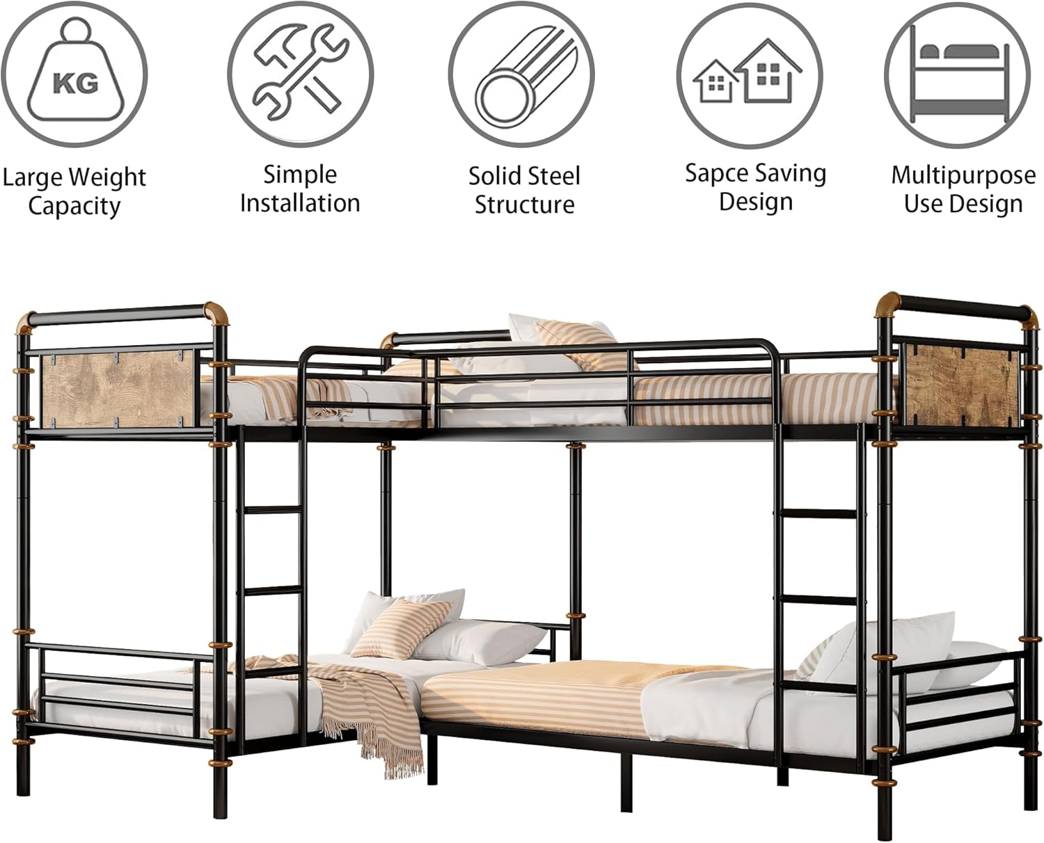 Quad Bunk Bed, Heavy Duty Metal 4 Bunk Beds for Kids with Ladders, Detachable Industrial L-Shaped Bunk Beds, Space Saving Design,Can Be Divided Into 3 Twin Beds, Black