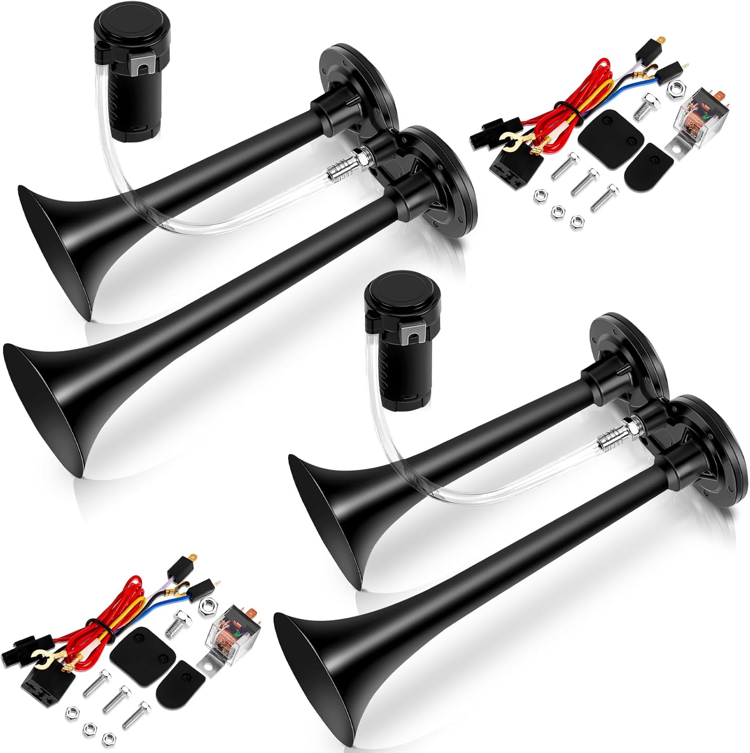 2 Pack 12V 150 dB Loud Air Horn Kit for Truck Boats Car with Air Compressor and Wire Harness Electric Train Horn Chrome Zinc Dual Trumpet Air Horns for Any 12V Vehicles(Black)