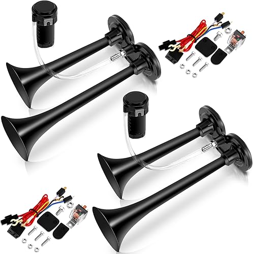 Paquete de 2 bocinas de aire ruidosas de 12 V 150 dB para camiones, barcos, automóviles con compresor de aire y arnés de cable, bocina de tren Negro