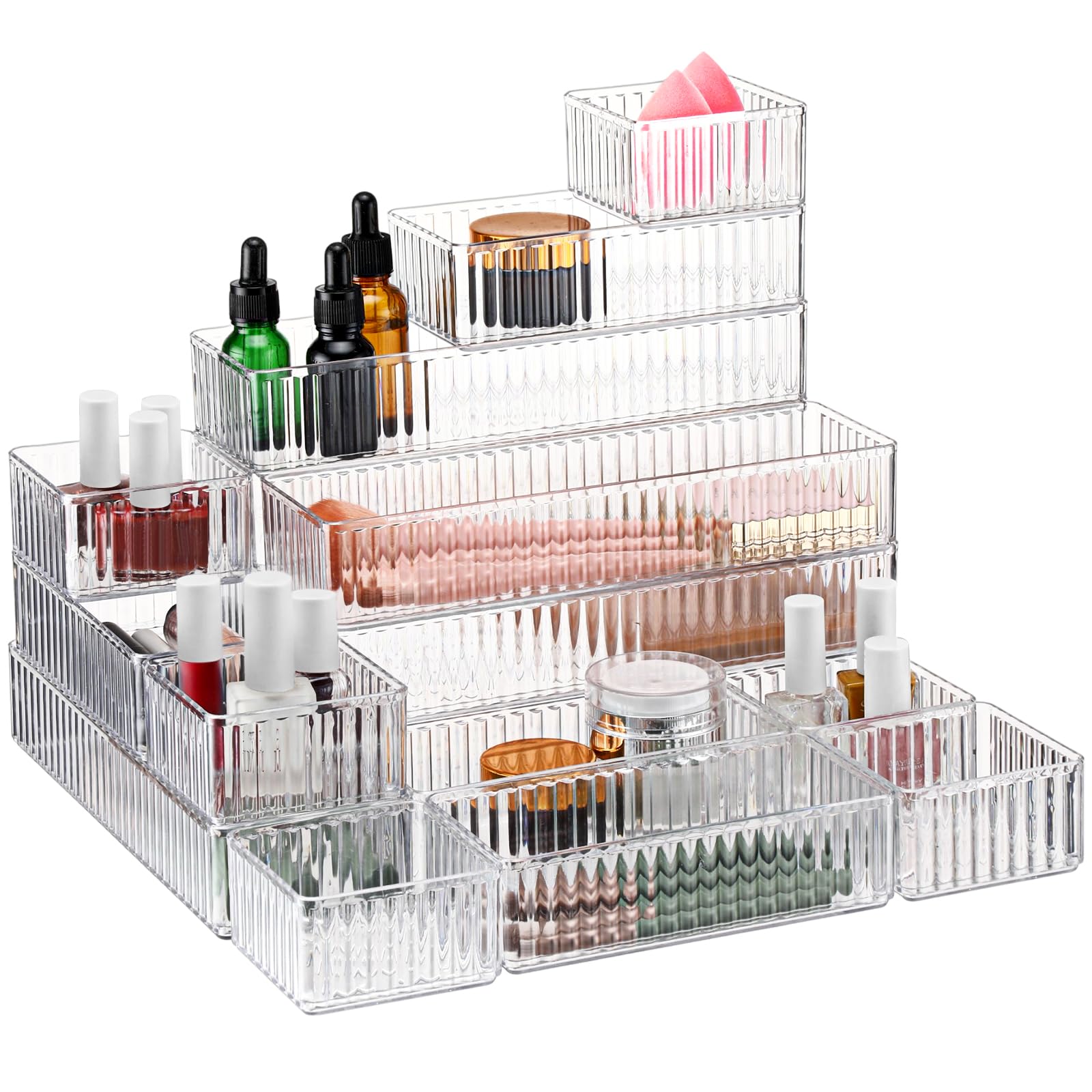 Teenyyou 18 Pcs Drawer Organizer Stackable 4 Size Makeup Drawer Organizer Trays Acrylic Bathroom Vanity Storage Bins for Cosmetic, Jewelries, Office