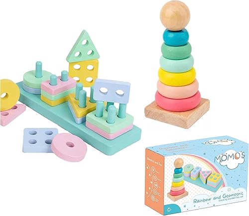 Momo's Set de 2 juguetes educativos de madera con arco iris y patrones geométricos. La clasificación de formas y el apilamiento de colores es el