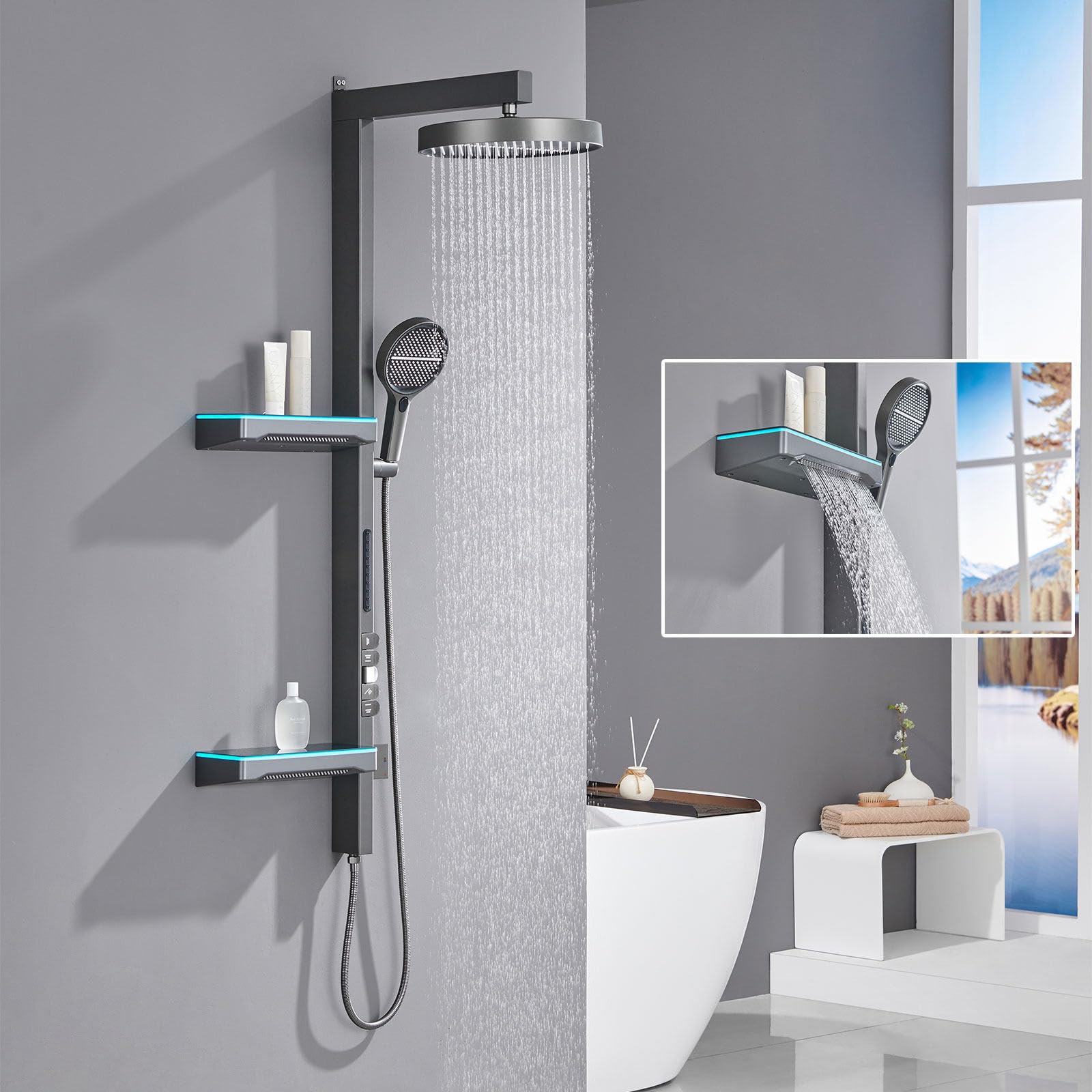 Sistema de Ducha Expuesto Mejorado 2025, Moderno Juego de Cabezal de Piano con 4 Modos (2 rociadores Laterales y 1 rociador Trasero), Grifo de 320 mm, Kit Completo de baño de Cobre