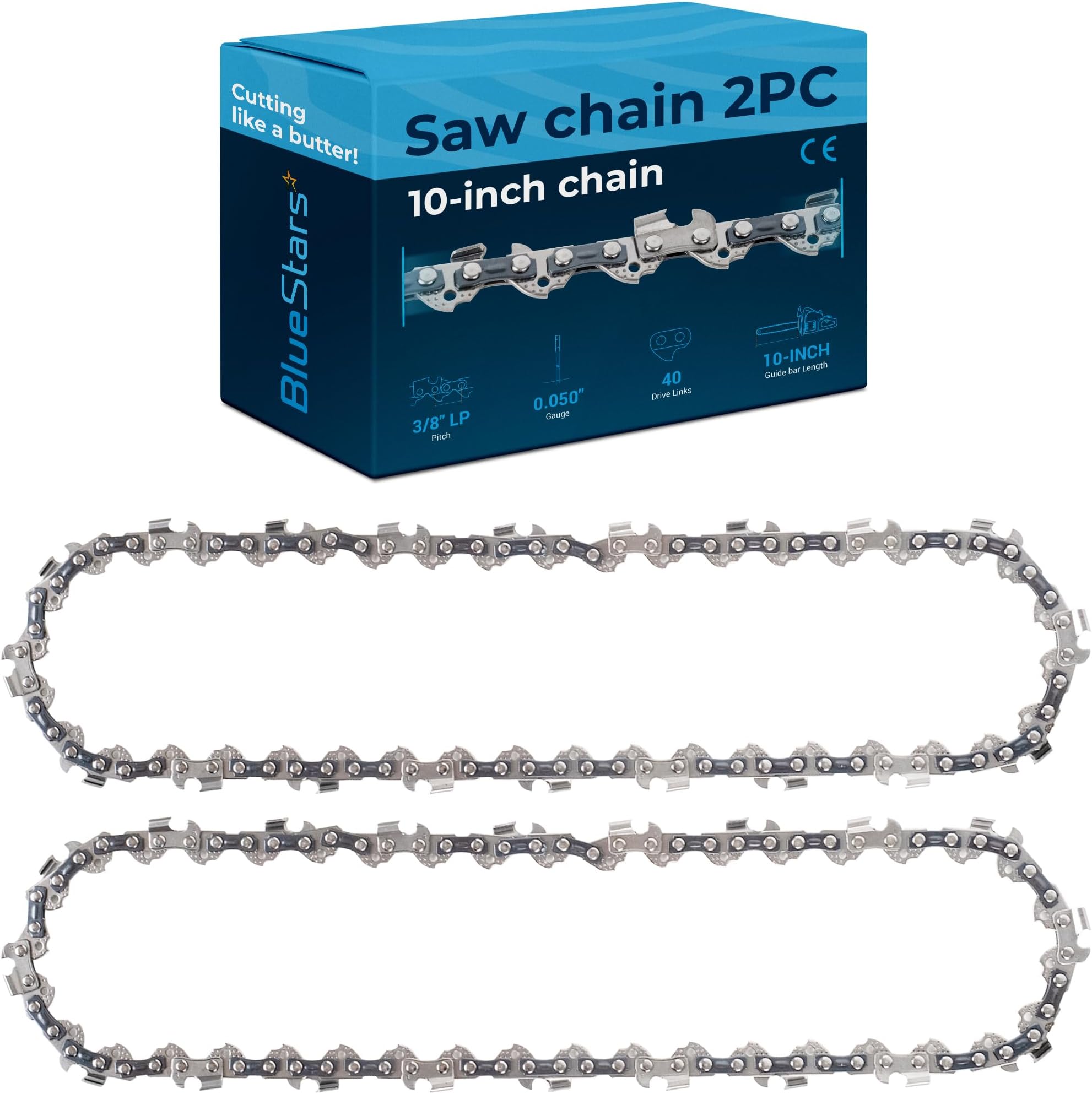 2 Pcs 10 Inch Chainsaw Chain 3/8" LP Pitch .050" Gauge 40 Drive Links - Compatible with Remington RM1035P Worx WG309 Sun Joe SWJ803E Craftsman S40 Echo Greenworks Poulan