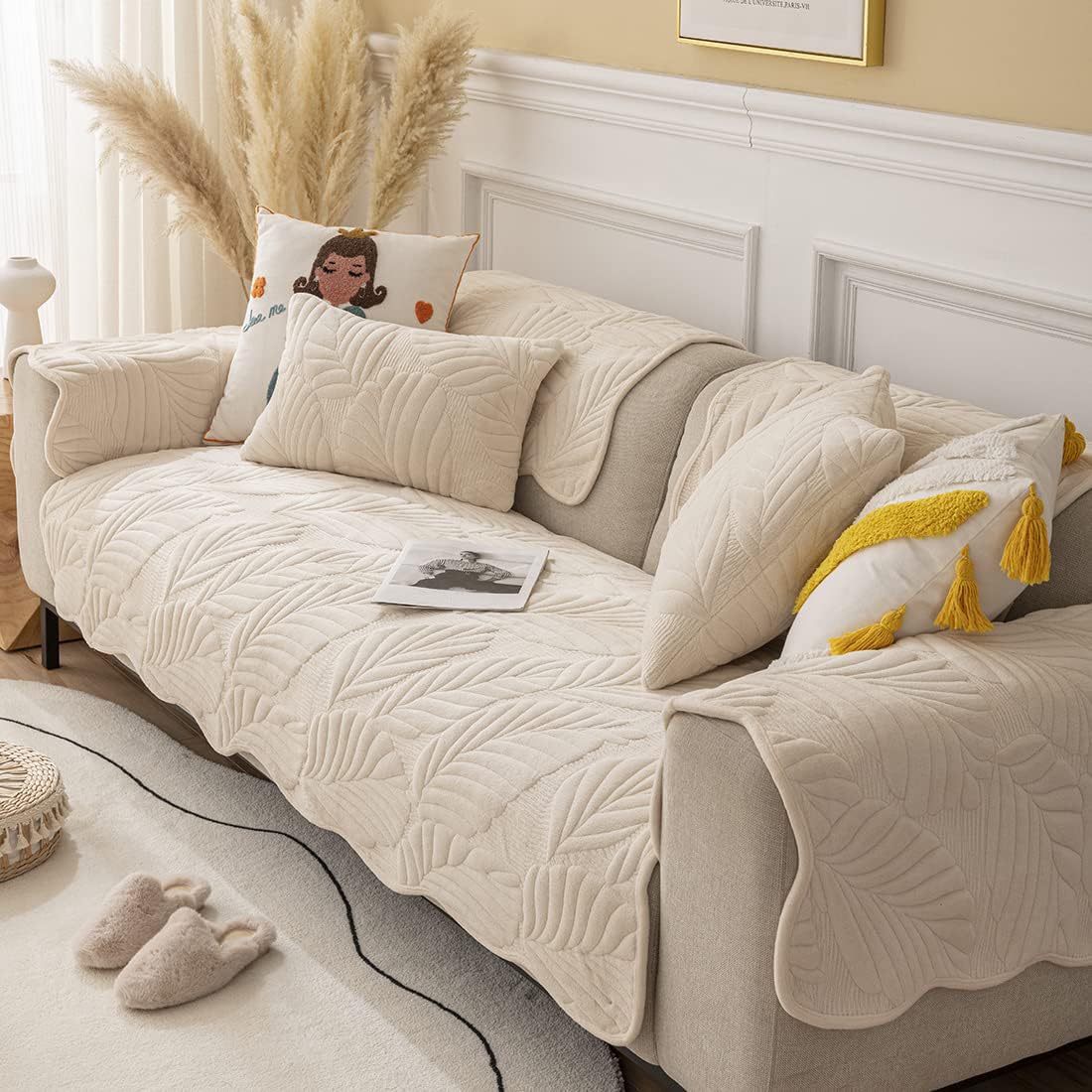 vctops Leaves Pattern Plush Sofa Cover Super Soft Warm Sectional Couch Cover Non-Slip Sofa Slipcover for Dogs, Cats, Kids, Pets Furniture Protector (