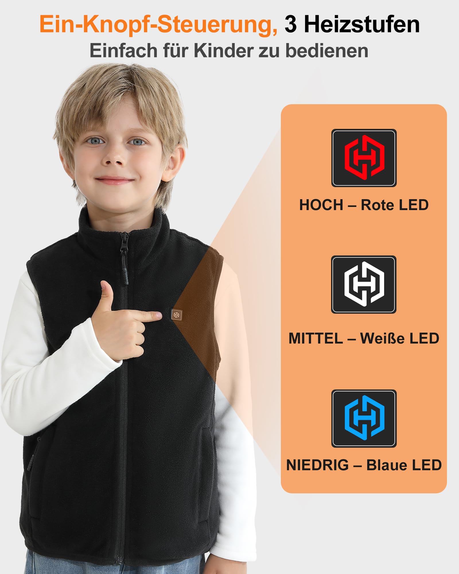 Unisex Fleece Heizweste Kinder mit powerbank 12000 mAh 7.4 V, Beheizbare Weste Jungen und Mädchen mit 5 Heizzone, Heizweste Kinder für Winter Outdoor-Oberteil Leichte - L