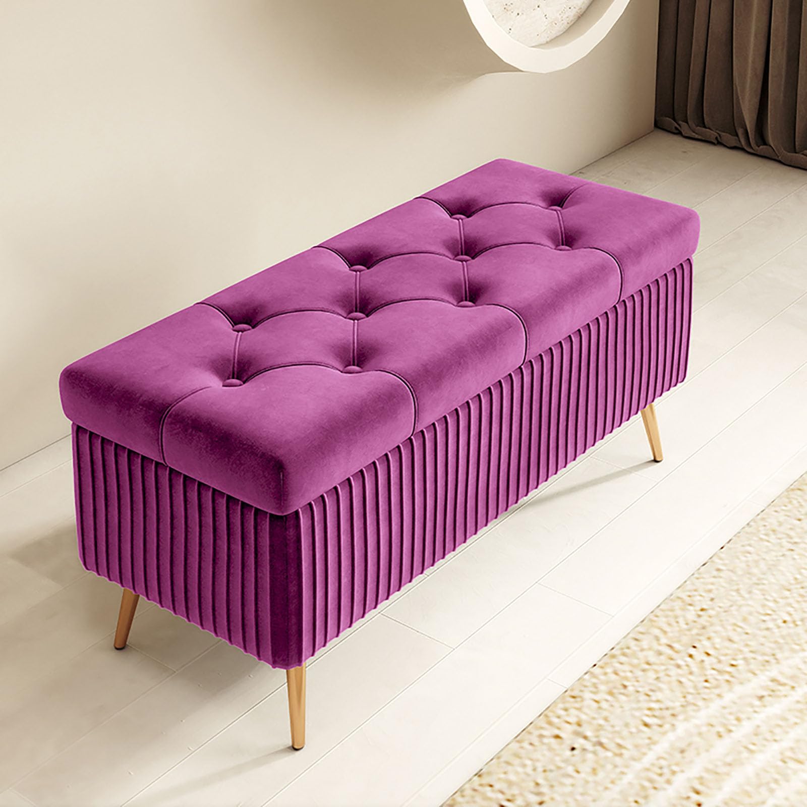 Banc de rangement violet avec coussin et pieds en métal de 40 cm pour entrée