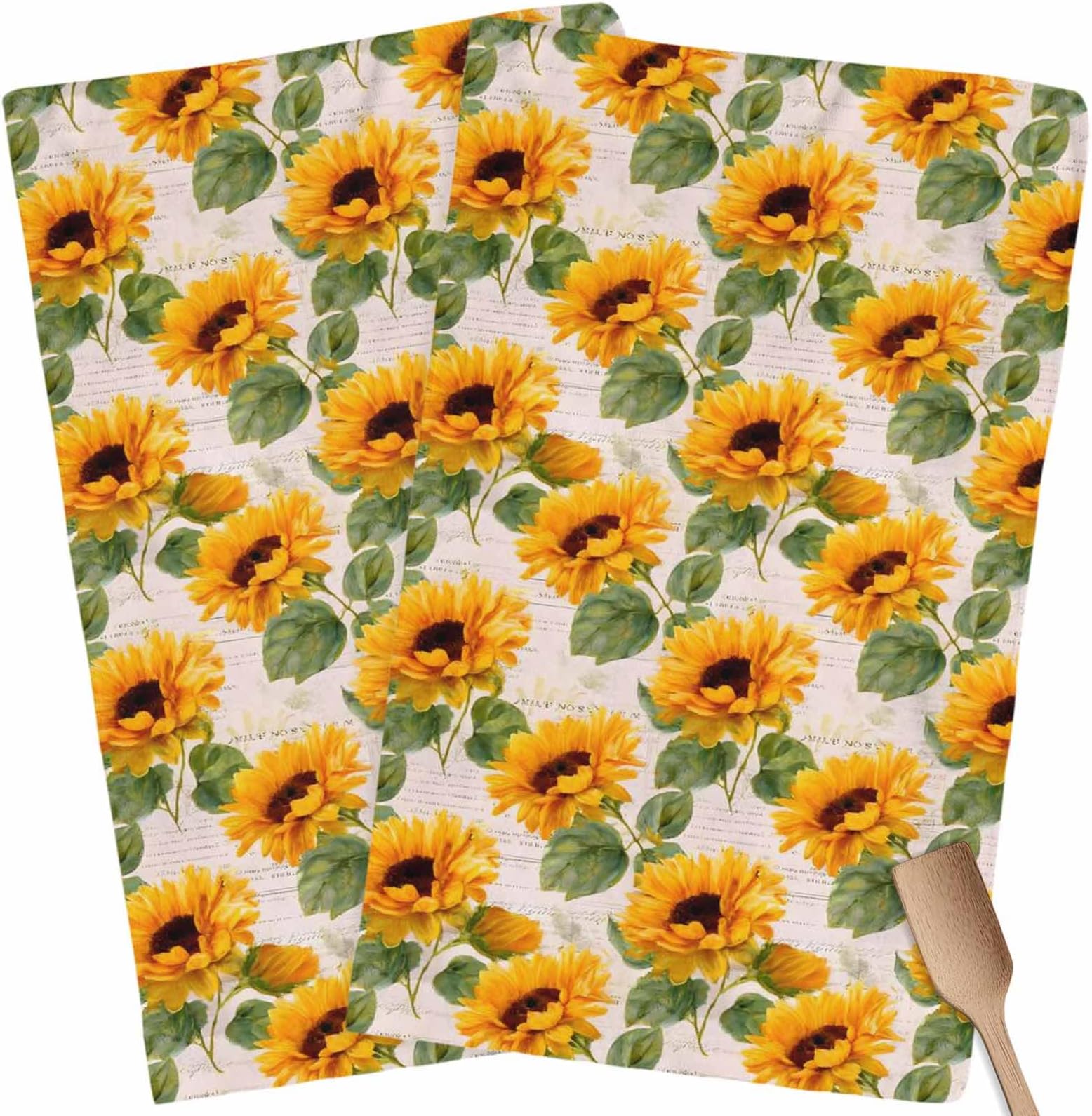 Retro Sunflowers Kitchen Towels 45x75 cm, Yellow Flowers Old Newspaper Background Absorbent Tea Bar Towel, Ultra Soft Tea Cloth for Kitchen Bathroom Birthday Drying Dishes, 2 PCS