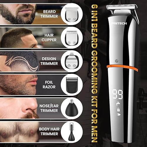 Miniatura 3 de PRITECH Cortadora de barba para hombres, kit de cortapelos 6 en 1, kit de aseo inalámbrico de precisión impermeable IPX6 para barba, cabello,