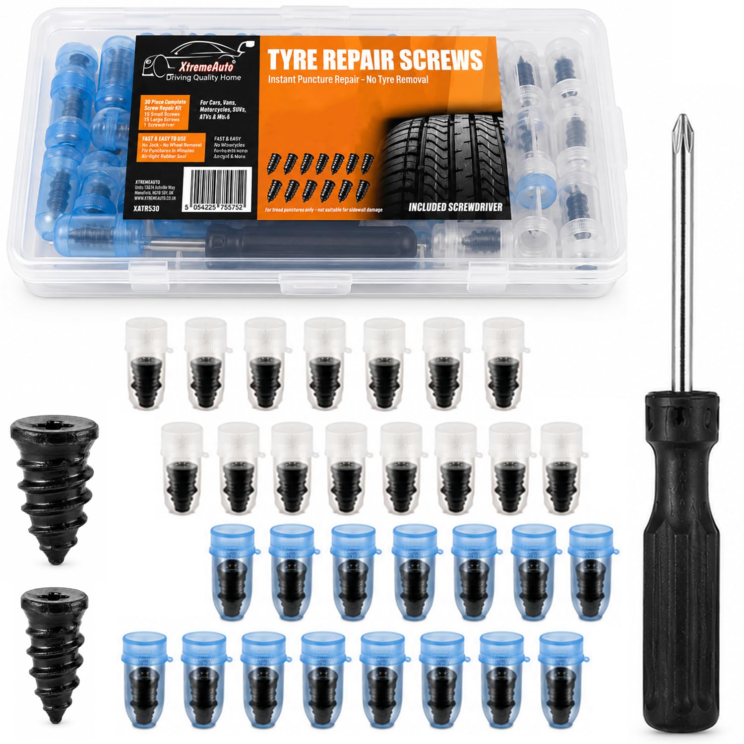 Xtremeauto Tyre Repair Screws Kit – Emergency Tubeless Tyre Puncture Repair Kit with Repair Screws, Screwdriver & Storage Case for Cars, Vans, Motorcycles, SUVs, ATVs & More (30PC Kit)