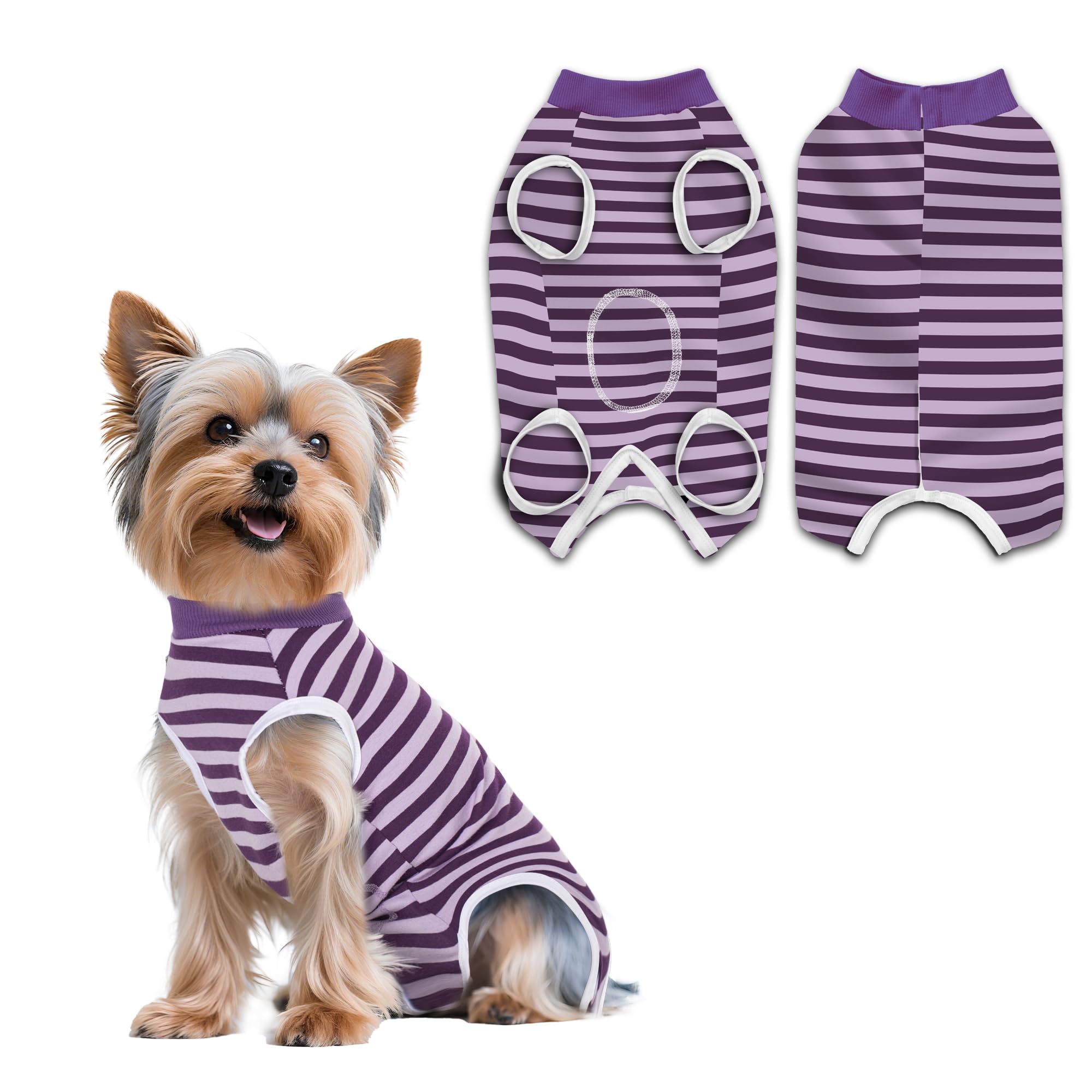 PawSailor Dog Recovery Surgery Suit Striped Dog Body Suit After Surgery, Soft Cotton Pet Surgical Recovery Vest Medical Puppy Onesie Button Closure, Wound Protection, Anti-Licking, Purple S