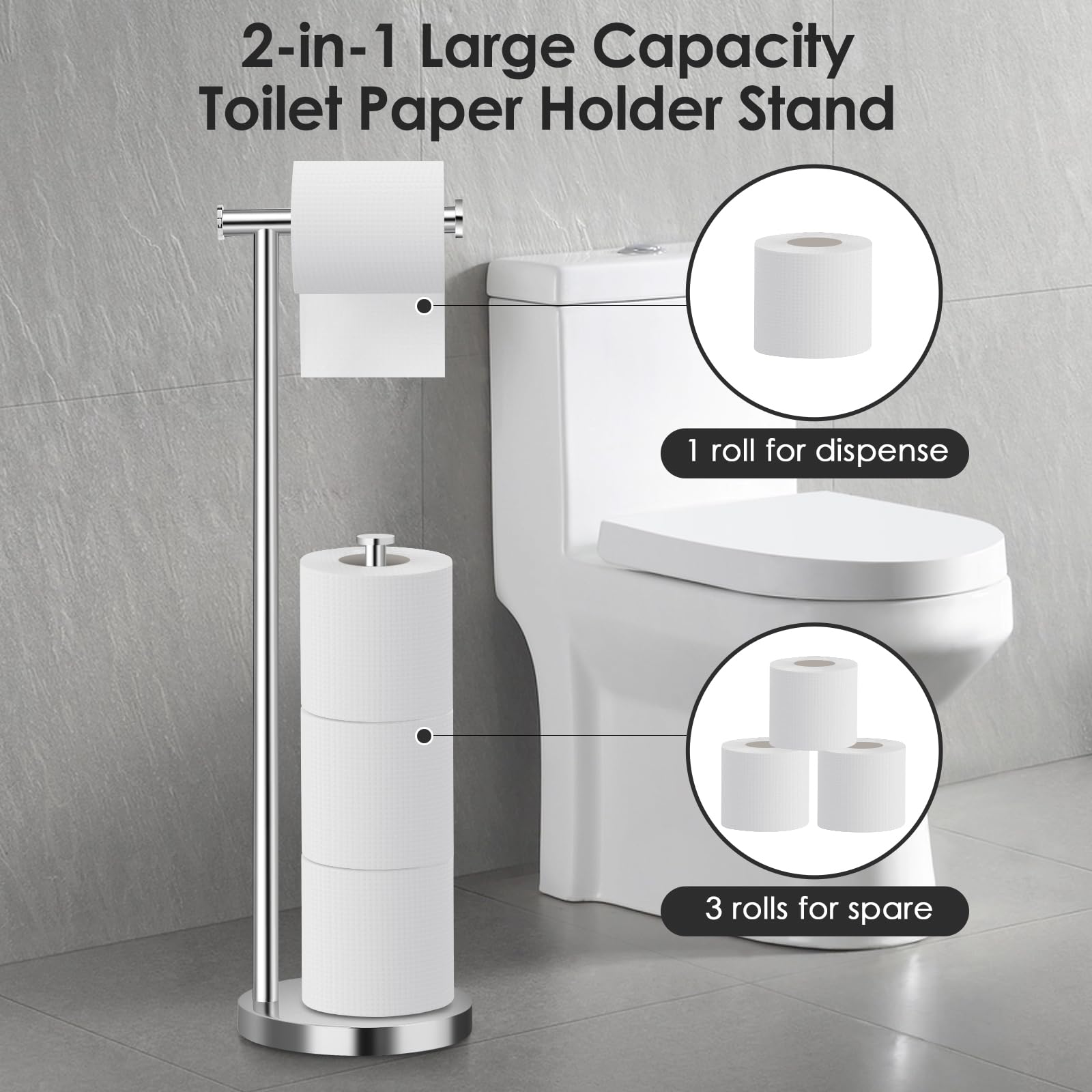 Free Standing Toilet Paper Holder Stand – Chrome SUS304 Stainless Steel, Non-Tipping Heavy Base, Holds 1 Roll On Top + 3 Rolls In Reserve – Rustproof For Bathroom, RV, Kitchen