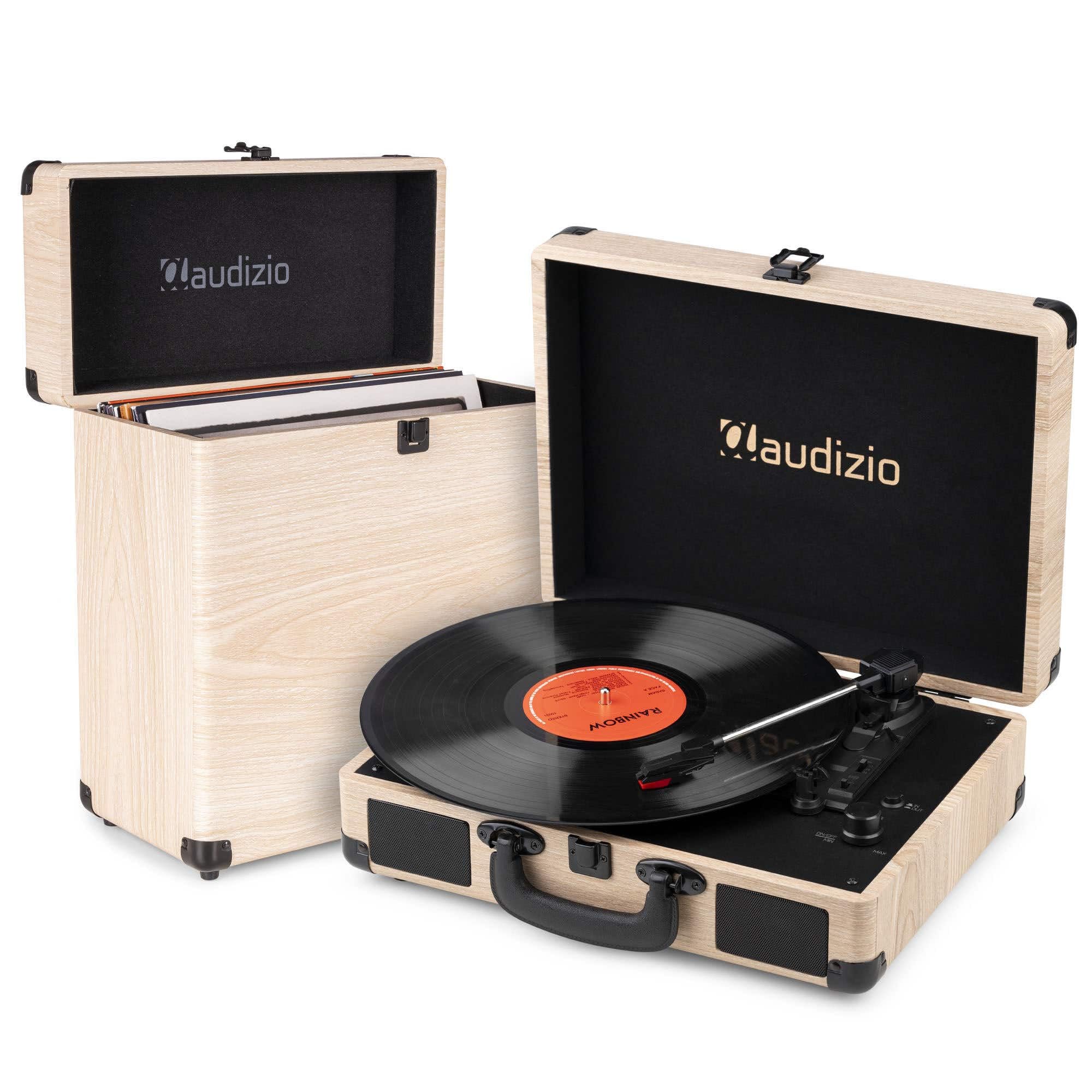 Pack Audizio RP116LW Platine Vinyle Bluetooth in/Out Haut-Parleurs Intégrés 3 Vitesses avec Audizio RC32 Valise Frêne, Design Assorti, Idéal pour Coin Musique, Déco Rétro ou Collection