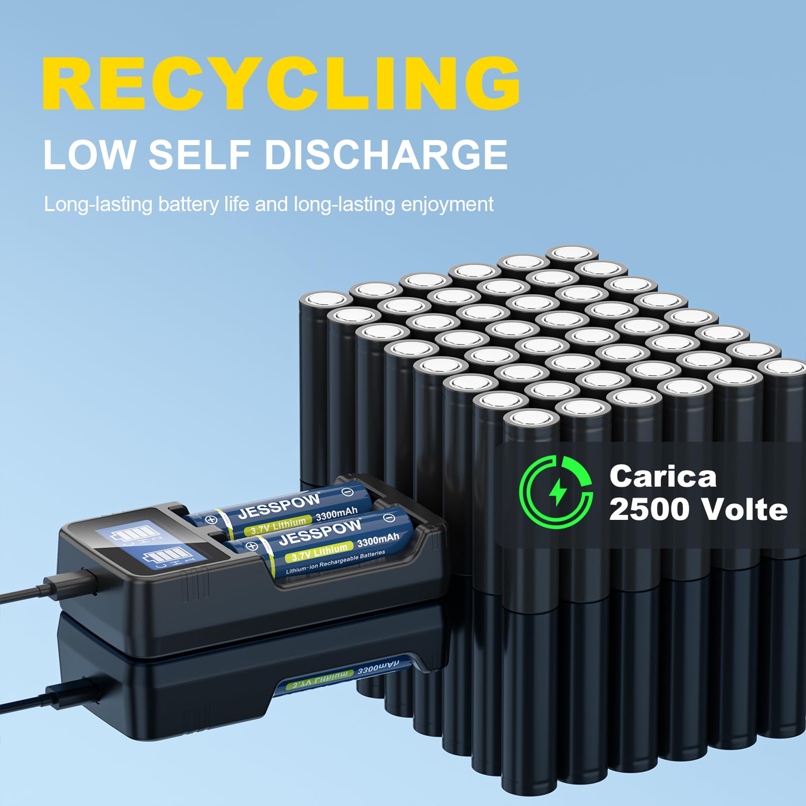 Piles Rechargeables 3.7V 3300mAh Button Top avec Chargeur pour Lampe de Poche Sonnette Télécommandée 2Pcs 18x65mm