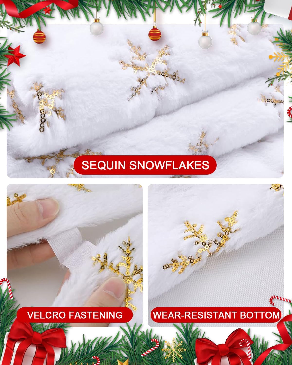 Christmas Tree Skirt 48 Inches, Faux Fur White Tree Skirt with Gloden Snowflakes, Soft Thick Christmas Tree Mat for Xmas Tree Decor, Large Tree Skirts for New Year Merry Christmas Tree Decorations