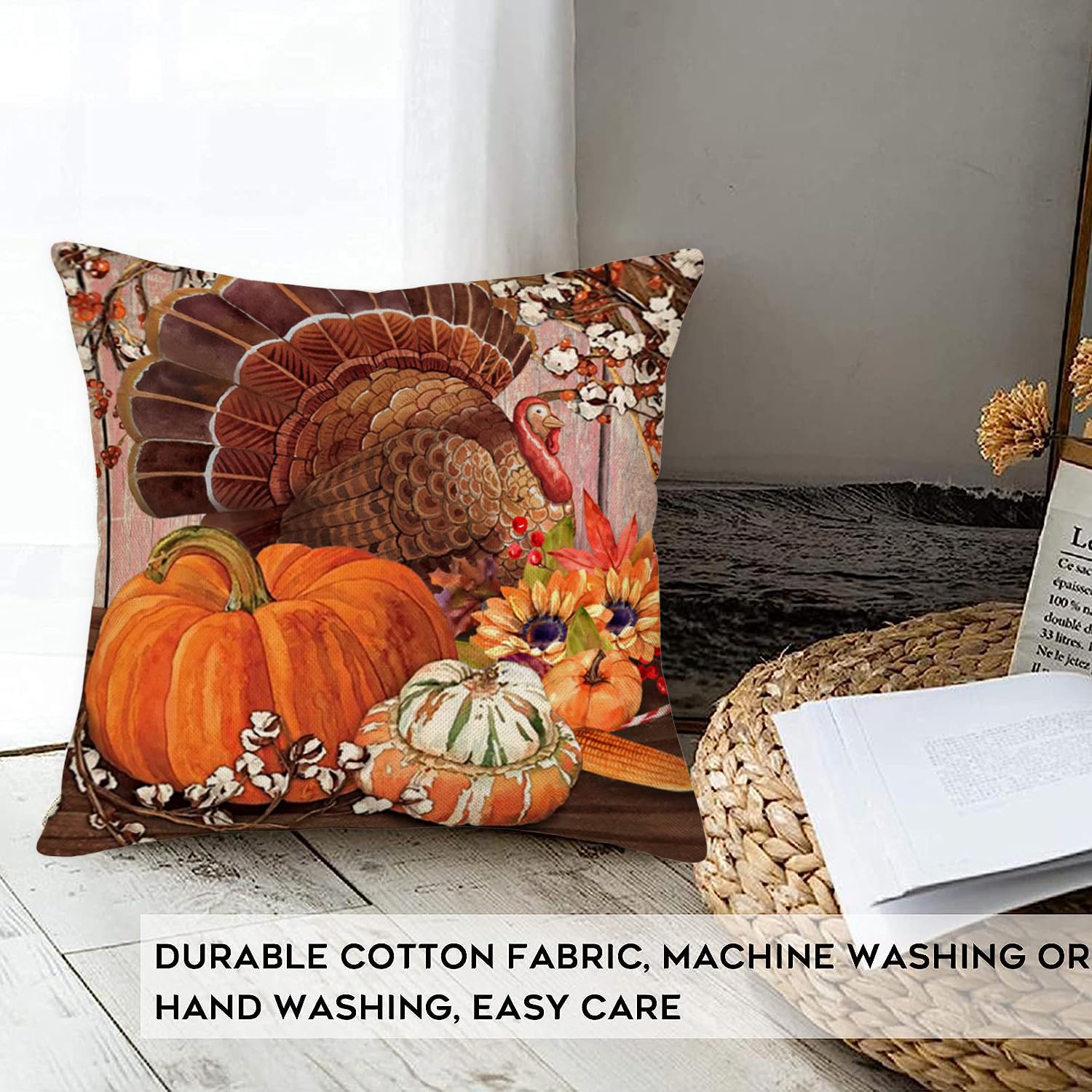 Doitely Thanksgiving Pillow Covers Set Of 2 – 22x22 Inch Turkey & Pumpkin Fall Decor For Couch, Farmhouse Style