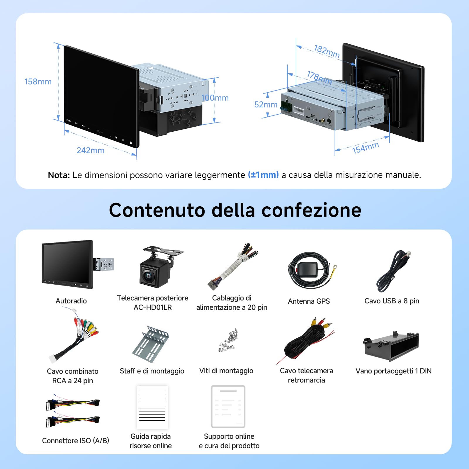 A5L 10.1 Pollici Doppio DIN e Adattivo a Singolo DIN Autoradio Android, CarPlay Senza Fili e Android Auto, Tracciamento GPS, Tethering WiFi/BT/USB,Telecamera di Retromarcia, HD LRV, 2G+32G