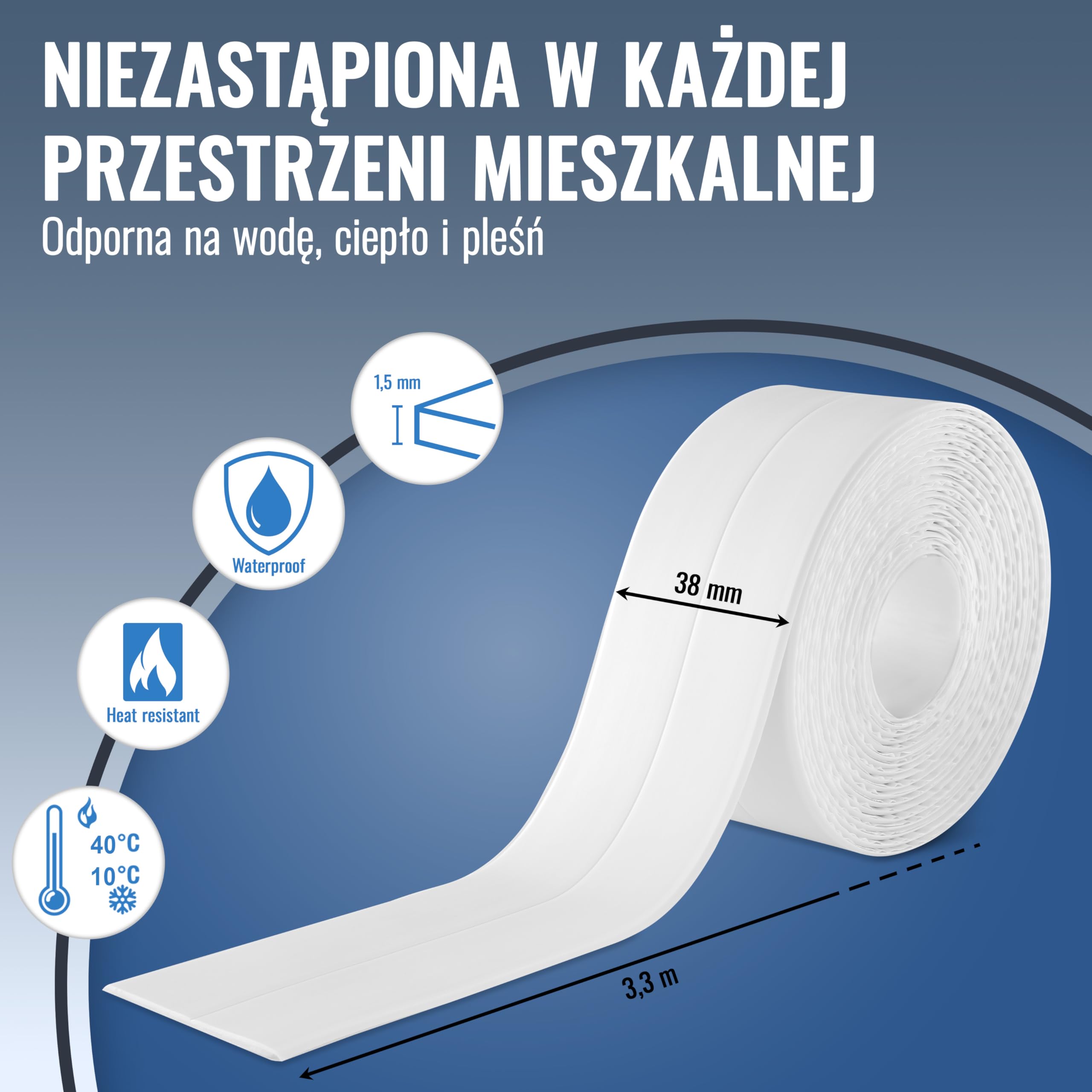 Poppstar samoprzylepna, wodoodporna taśma uszczelniająca (3,3 m x 38 mm), taśma uszczelniająca 2 w 1, taśma wykończeniowa do wanny, prysznica czy blatu kuchennego, kolor biały